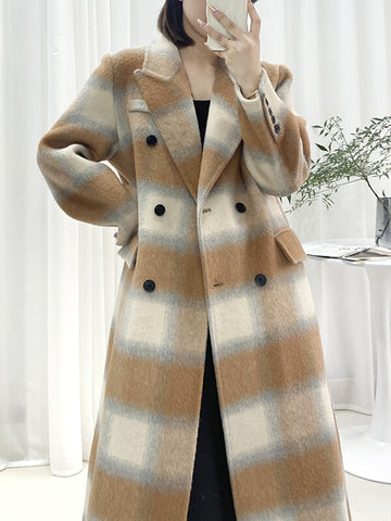 Airchics manteau en laine longue carreaux double boutonnage avec poches femme oversized